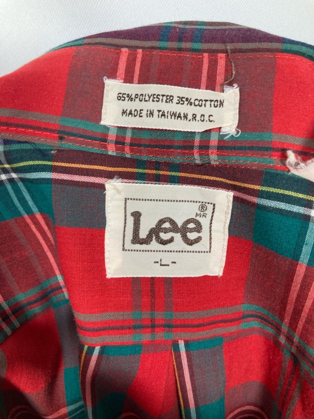 Vintage Lee 80s Red & Green Tartan Plaid Button Down Shirt L Preppy Academia - Picture 9 of 9